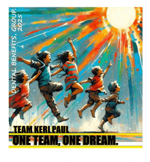 a poster for the dental benefits group shows a group of kids jumping in the air