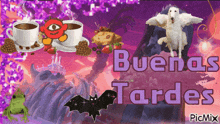 a purple background with the words buenas tardes in the middle