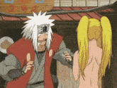 a man in a kimono stands next to a naked girl with pigtails