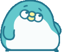 a blue and white penguin with a yellow beak is standing on a white surface .
