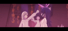 a group of anime girls are dancing together in a dark room