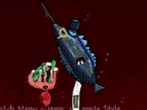 a cartoon drawing of a person holding a fish with the words switch menu at the bottom left