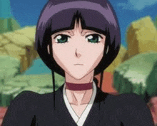 a girl with purple hair and green eyes is wearing a choker and a kimono .