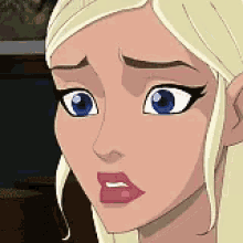 a cartoon woman with blonde hair and blue eyes is making a sad face .