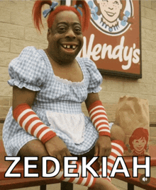 a wendy 's sign is behind a person dressed as wendy 's