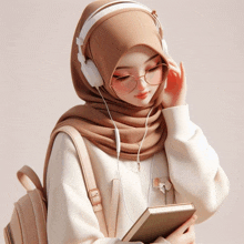 a woman wearing a hijab and headphones holds a book