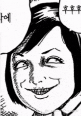 a black and white drawing of a woman with a funny face .