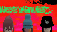 three cartoon characters are standing in front of a red background that says ' it 's not '