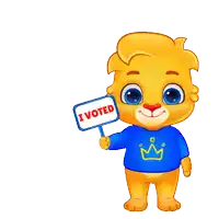 a cartoon bear is holding a sign that says i voted