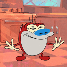 a cartoon character with a blue nose is standing in front of a stove that has the word legacy on it