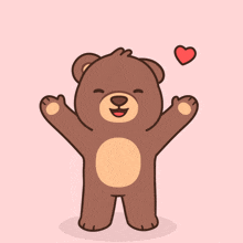 a brown teddy bear with its arms outstretched and a red heart on its head