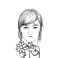 a black and white drawing of a woman holding a flower and making a funny face .
