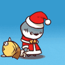 a cartoon character wearing a santa hat is standing next to a yellow cat
