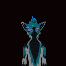 a drawing of a blue and white furry animal with blue eyes