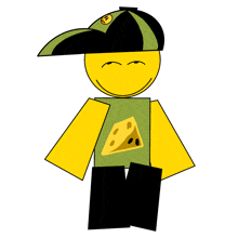 a cartoon character wearing a hat and a shirt with a cheese slice on it