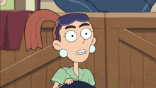 a cartoon character with braces on her teeth is pointing at something