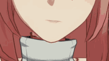 a close up of a girl 's face with red hair and a white shirt