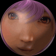 a close up of a woman 's face with purple hair and brown eyes