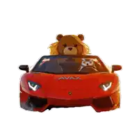 a teddy bear is sitting in a red avax car