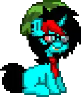 a pixel art drawing of a blue and red pony