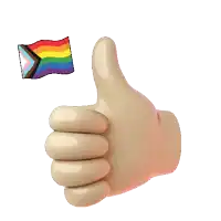 a hand giving a thumbs up with a rainbow flag in the background