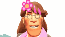 a woman with glasses and a flower on her head