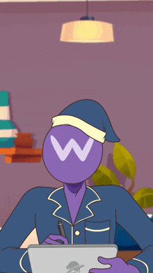 a purple cartoon character with a w on his head