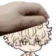 a hand is holding a cartoon character 's head in a pixel art style .