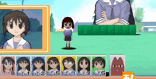 a cartoon girl is standing in front of a row of cards with the numbers 1 through 5