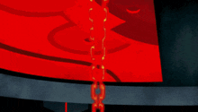 a cartoon character is wearing a watch with a red light coming out of it 's face .