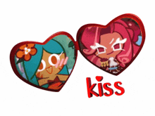 a couple of hearts with the word kiss in red