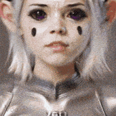 a close up of a woman 's face with purple eyes