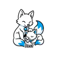 a sticker of a fox and a kitten with the word rest on the bottom right