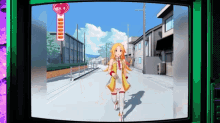 a girl is running down a street with a sign that says lv.6