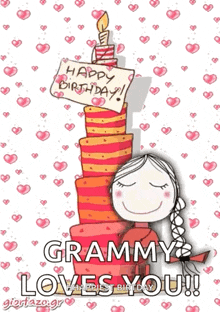 grammy loves you greeting card with a girl holding a birthday cake