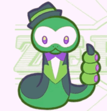 a green snake is wearing a top hat and bow tie .