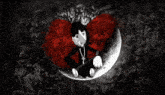 a cartoon character is sitting on a crescent moon in front of a red heart