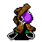 a pixel art of a bird with a purple egg on it 's head .