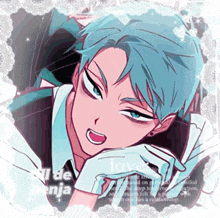 a drawing of a man with blue hair and the words " love " on the bottom