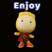 a stuffed animal with a cape and the word enjoy above it