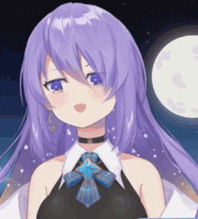 a girl with purple hair and blue eyes is wearing a choker and a bow tie
