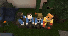 a group of minecraft characters sit on a bench