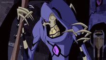 a cartoon character with a purple hood and a purple heart in his chest