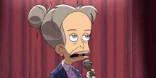 a cartoon woman is holding a microphone with her mouth open and making a funny face .