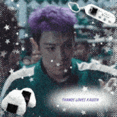 a picture of a man with purple hair and the words thanos loves kaizen on it