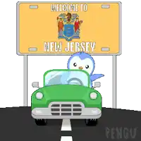 a welcome to new jersey sign with a penguin driving a green car