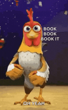a cartoon chicken is dancing with the words book book book it oh yeah