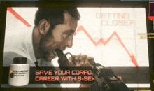 a man holding a gun in front of a screen that says " save your corpo career with s-sek "