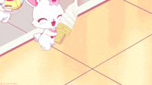 a cartoon of a cat holding an ice cream cone and two rabbits eating pudding