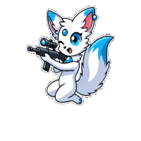 a white fox with blue eyes holding a gun